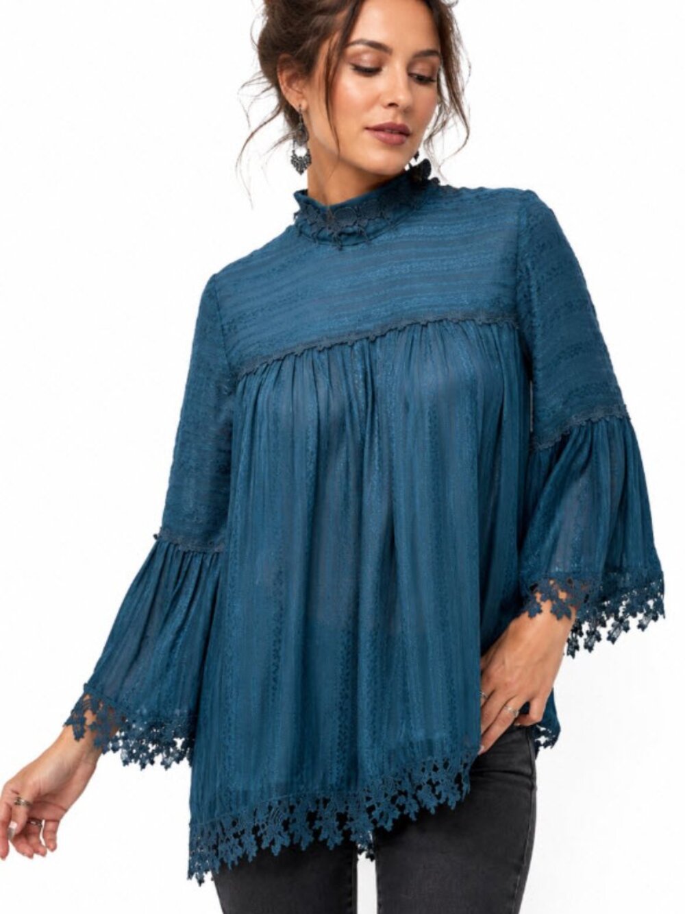 Anna Sui Silk Peasant Blouse Lace Trim Bell Sleeve Boho Teal Medium